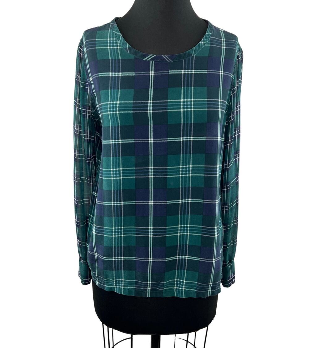 EQUIPMENT Green Blue Plaid Silk Long Sleeve Blouse Long Sleeve Top Size S Small